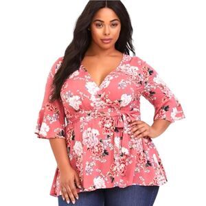 NWOT TORRID Multi- Color Floral Challis Surplice Tie- Front Babydoll Blouse 2X